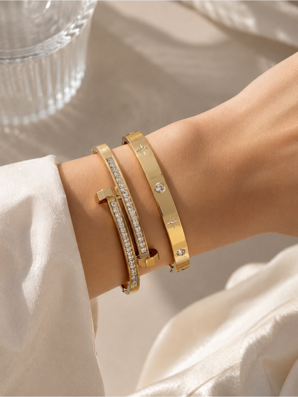 2-Piece Gold Tone Rhinestone Bangle Bracelet Set Starburst Crystal Design